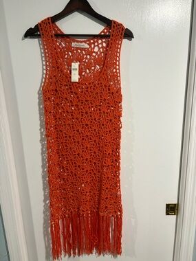 NWT- Anthropologie Handmade Style Crochet Fringe Tank Dress in Bright Orange